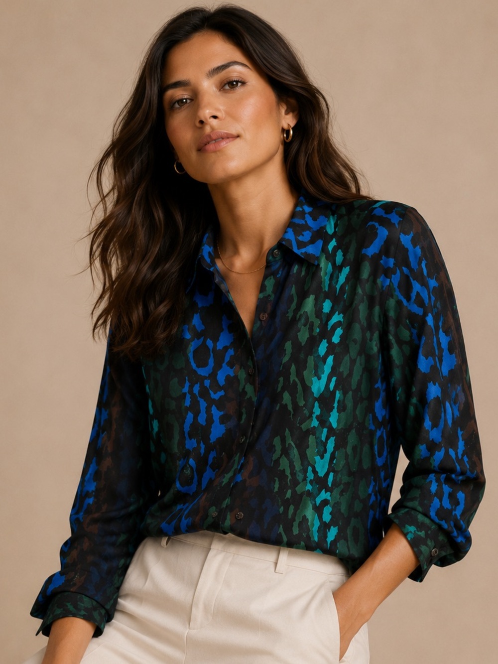 Mint Velvet Blue Green Animal Print Button Down Blouse L Scotland Travel Luxury